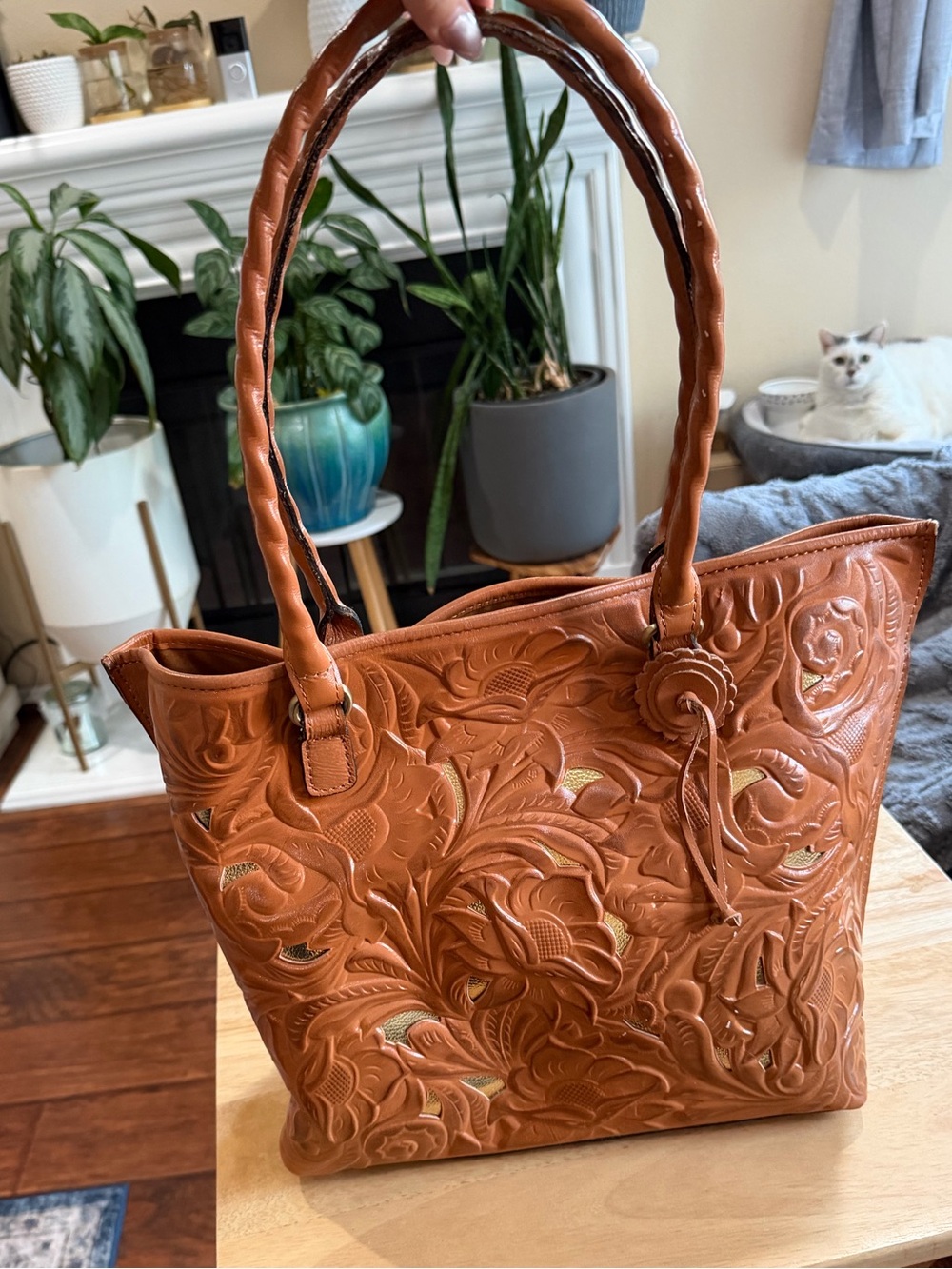 Patricia Nash Cognac Floral Tooled Leather Tote